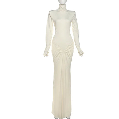 Sexy Backless Long Dress for Women Turtleneck Evening Party Ruched Dress Elegant Solid Long Sleeve Streetwear Maxi Dress 3472.