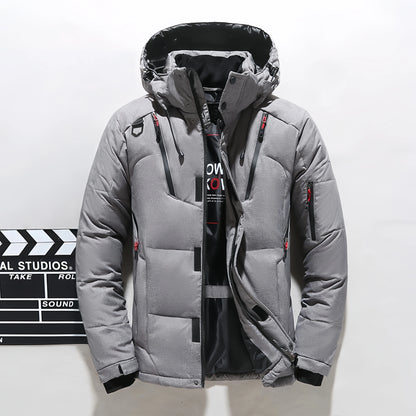 Customized logo Men's White Duck Down Jacket, Warm Hooded Thick Pufferfish Jacket, Men's Casual Coat, Warm Canadian Winter.