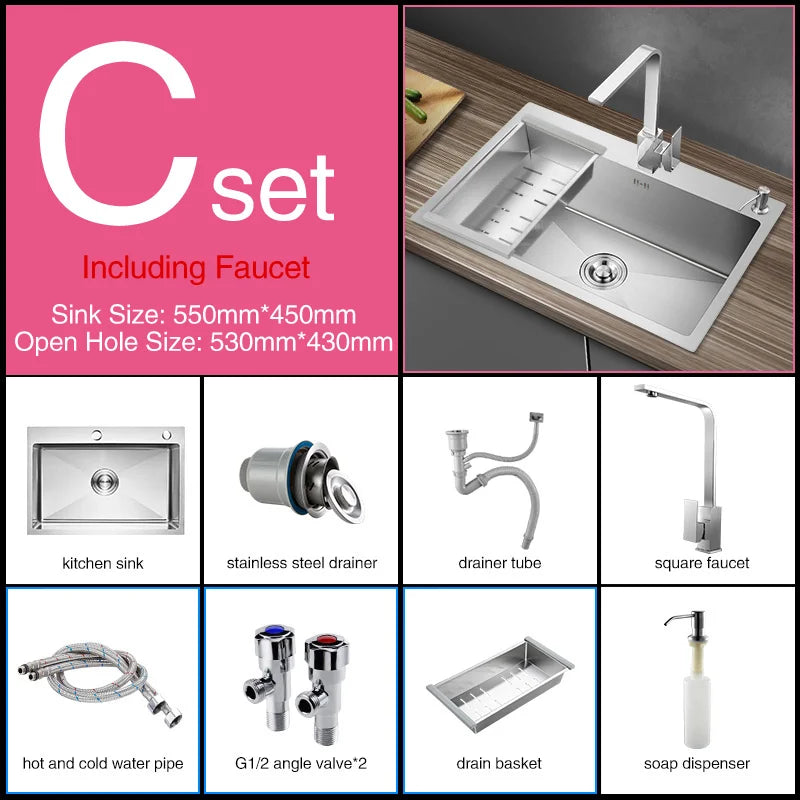 Kitchen sink lead-free austenitic handmade brushed 304 stainless steel 3mm thickness single bowl kitchen sink