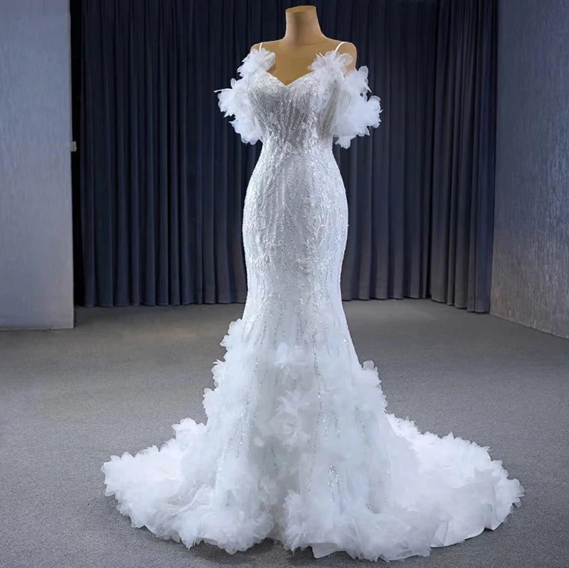 Jancember 231095 Feather Spaghetti Strap Beaded Mermaid Wedding Dresses.