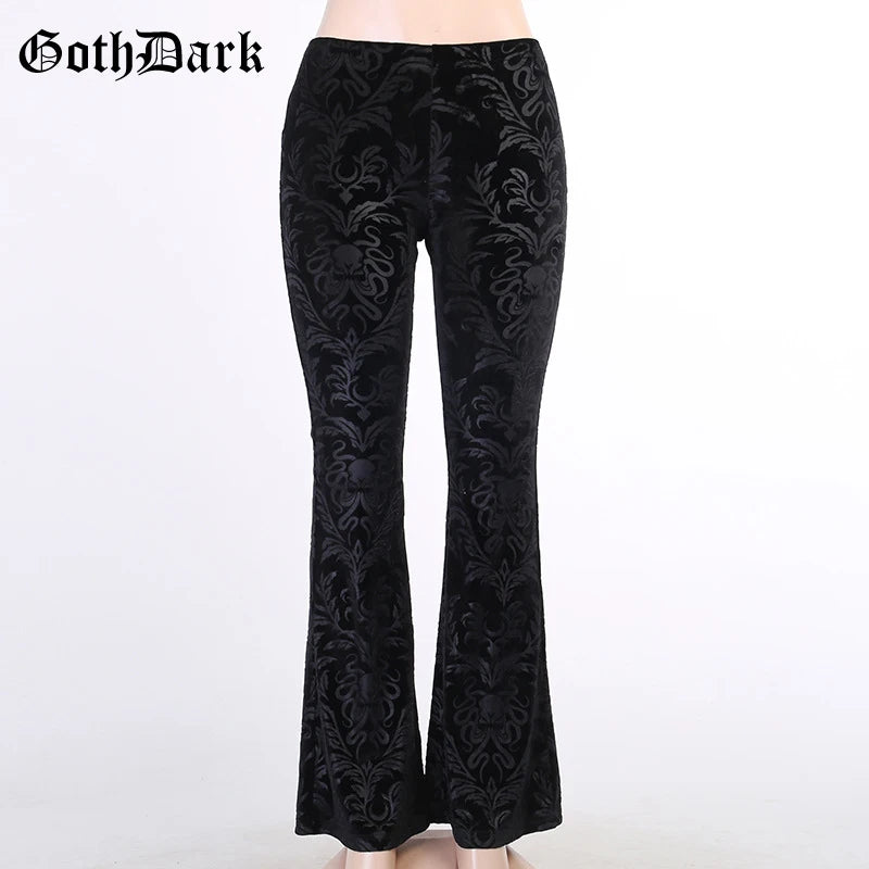 Goth Dark Vintage Floral Scratched Mall Gothic Pants Velvet High Waist Skinny Flare Trousers for Women Streetwear Cyber Y2K Pant.