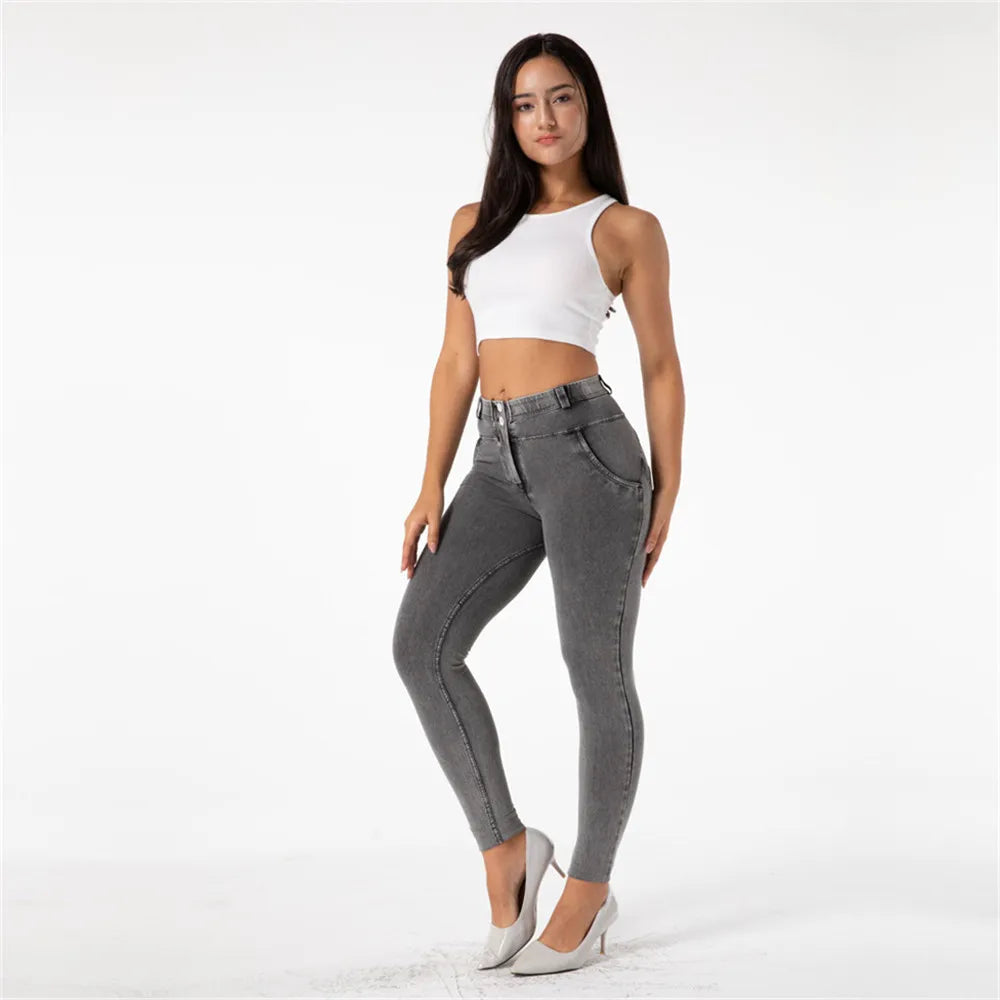 Shascullfites Women's Skinny Fit Stretchable Denim Pants Washed Gray Gym Shaping Compression Fitness Tights for Active Wear.