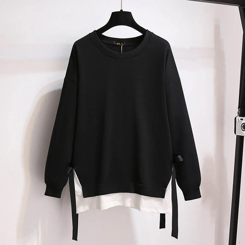 150Kg Plus Größe frauen Herbst Lose Oansatz Sweatshirts Fehlschlag 157cm 6XL 7XL 8XL 9XL 10XL Beiläufige Lange-ärmeln Gefälschte Zwei-stück Top