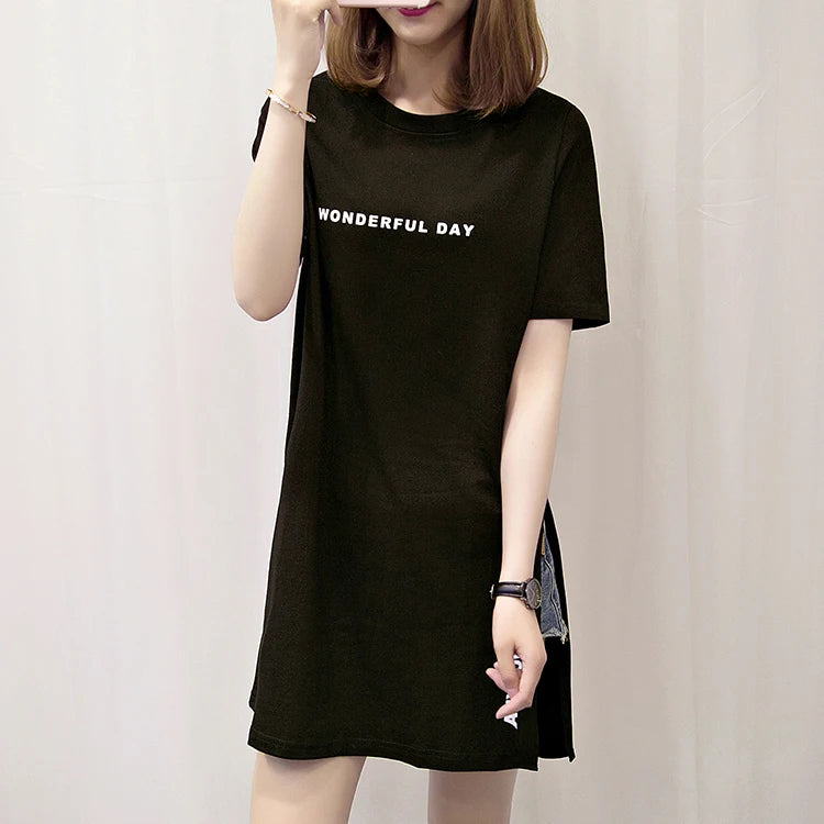 WONDERFUL DAY Print Long T shirts Summer Women Loose Slit Femme Tops  Tshirt Short sleeve Ladies t-shirt.