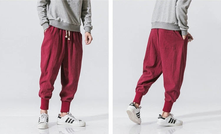 Cotton Linen Harem Pants Men Solid Elastic Waist Streetwear Joggers New Baggy Drop-crotch Pants Casual Trousers Men.