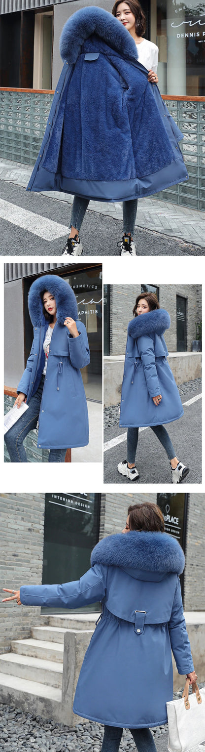 Neue Winterjacke für Damen, warme Parkas mit Pelzkragen, langer lässiger Parka, schmal, verdickt, Maxi-Größe, Damenmantel, Schnee-Kapuzenmäntel.