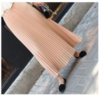 Classical Women Pleated Skirt 90cm/80cm Long Female Elastic Waist Skirt Big Size Velvet Pleated Skirt for Winter Ankle-Length
