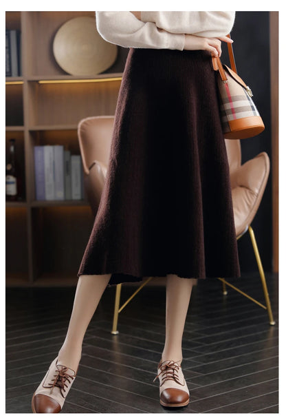2025 Autumn New High-Waist 100%Pure Wool Pleated Long Skirt Women's Knit Base Skirt Fashion Pack Hip A-Line Cashmere Large Skirt