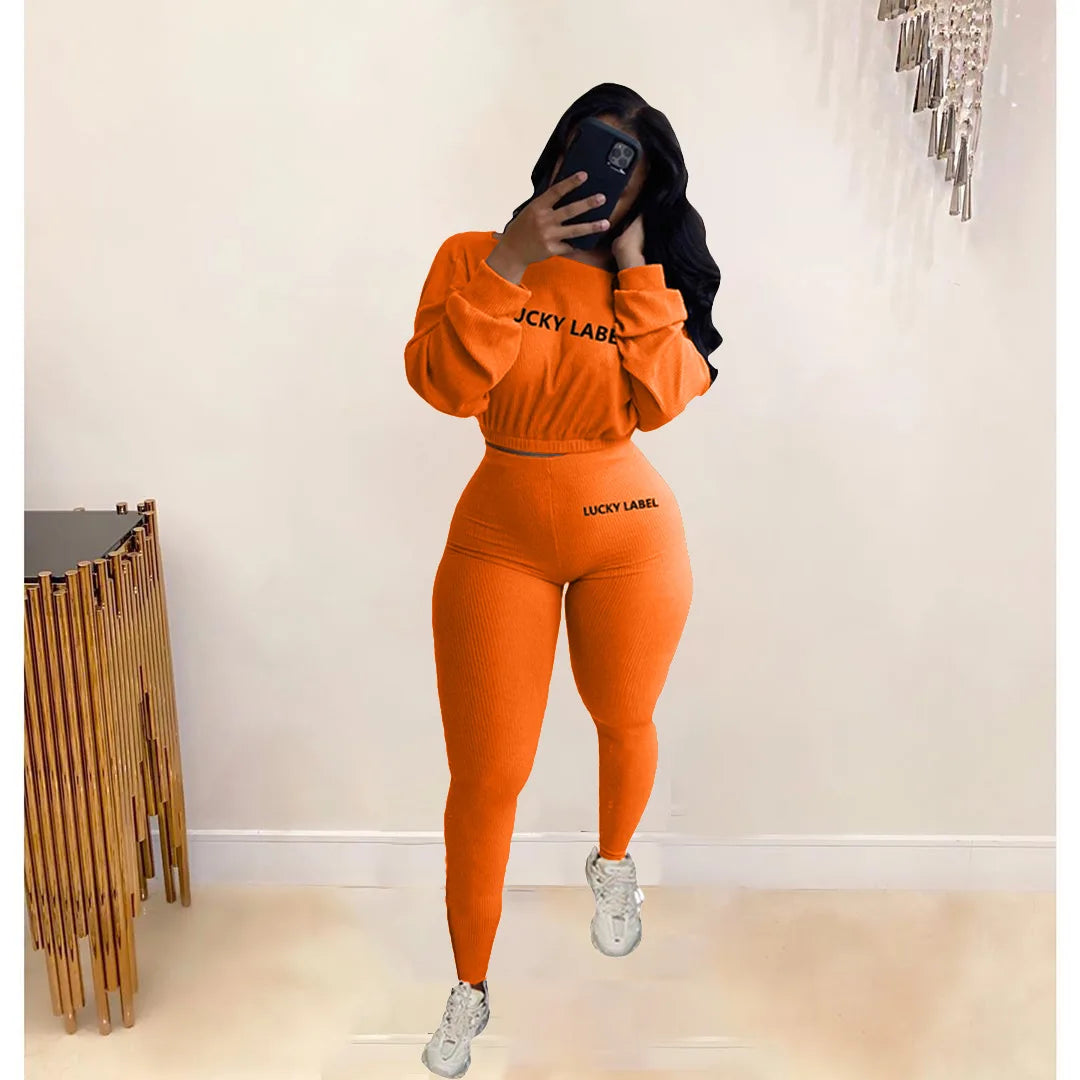 Letter Printed Embroidery Women Two Piece Ribbed Tracksuits Fall Spring Long Sleeve Sweatshirt and Skinny Pants Set.