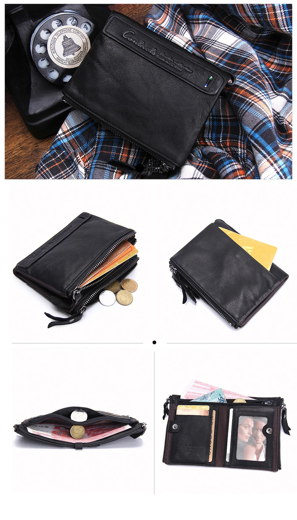 Fashion Genuine Leather Women Wallet Bi-fold Wallets Red ID Card Holder Coin Purse With Double Zipper Small Women's Purse 2022