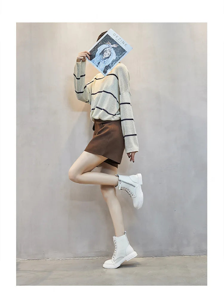 WOIZGIC Women's Ladies Genuine Leather Female Shoes Ankle Boots Platform Lace Up Warm Winter Autumn Fur Plush Motorcycle.