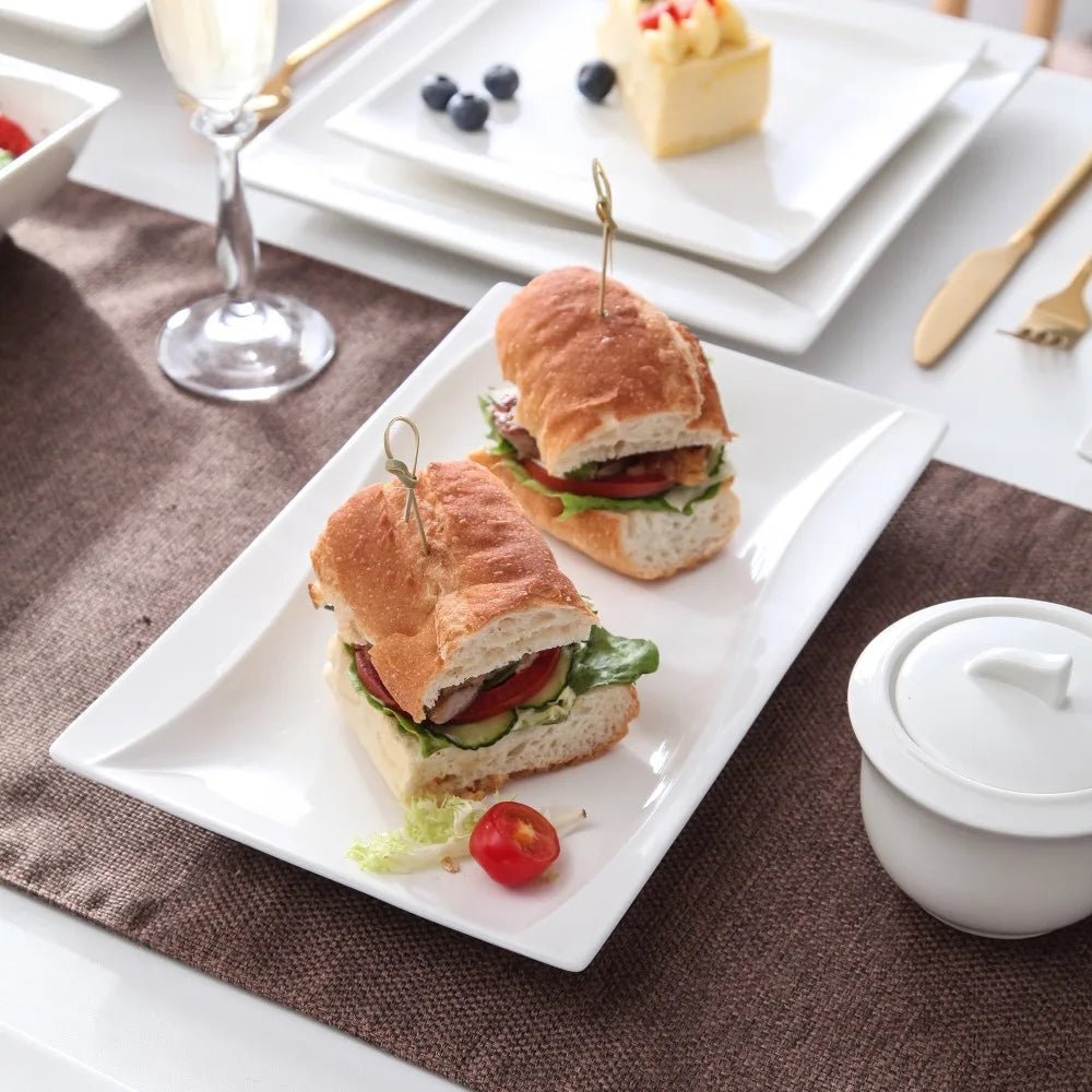 MALACASA Carina 2-Piece Ivory White Porcelain Dinner Plate Set Tableware Fruit Snack Dishes with 11" & 13.25" Rectangular Plate.