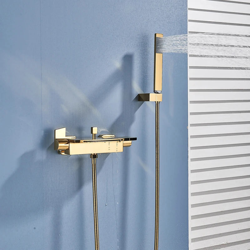 Black Waterfall Shower Faucet Bathroom Wall Mounted Bathtub Shower Faucets Dual Handles Hot Cold Water Mixer Tap with Handshower