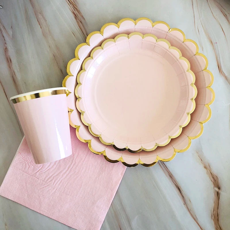 40pcs/set Yellow Green Pink Blue Paper Plates Cups Disposable Tableware Set for Wedding Birthday Party Baby Shower Supplies.