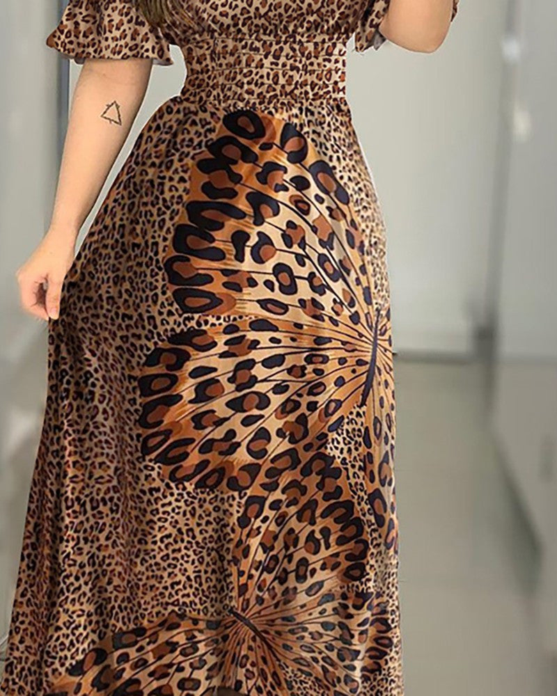 Boho Leopard Kleid Frauen Weg Schulter Rüschen Hülse Sommer Kleid Sexy Strappy Slash neck Vestido Lange Sommerkleid Party Kleider.
