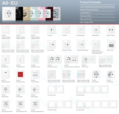 SRAN EU16A 250V Wandsteckdose mit Schalterknopf Steckdose Russland Spanien Edelstahl Glas PC Panel Steckdosen.