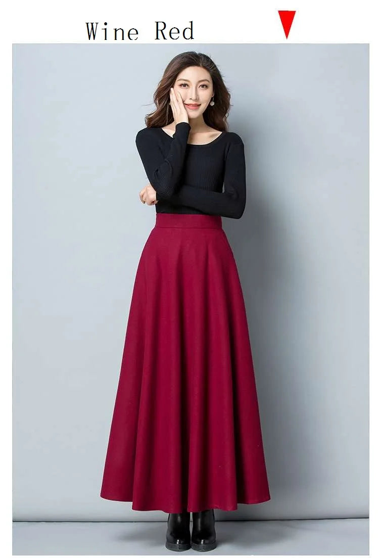 FairyShely 2025 Autumn Winter Retro High Waist Pleated Skirt Women Casual Pocket Woolen Maxi Skirt female Flare Red Long skirt.