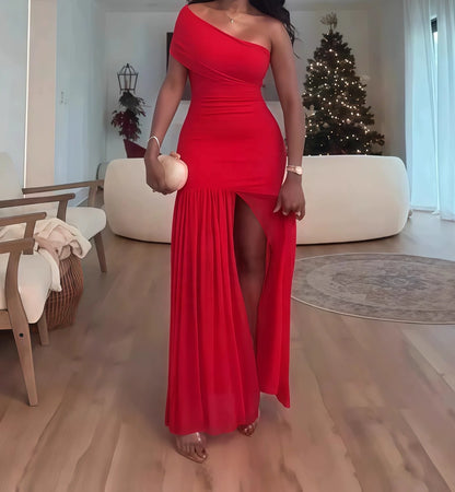 Women's 2025 Spring New Solid Color Sleeveless Slant Neck Pleated Slim Split Long Dresses