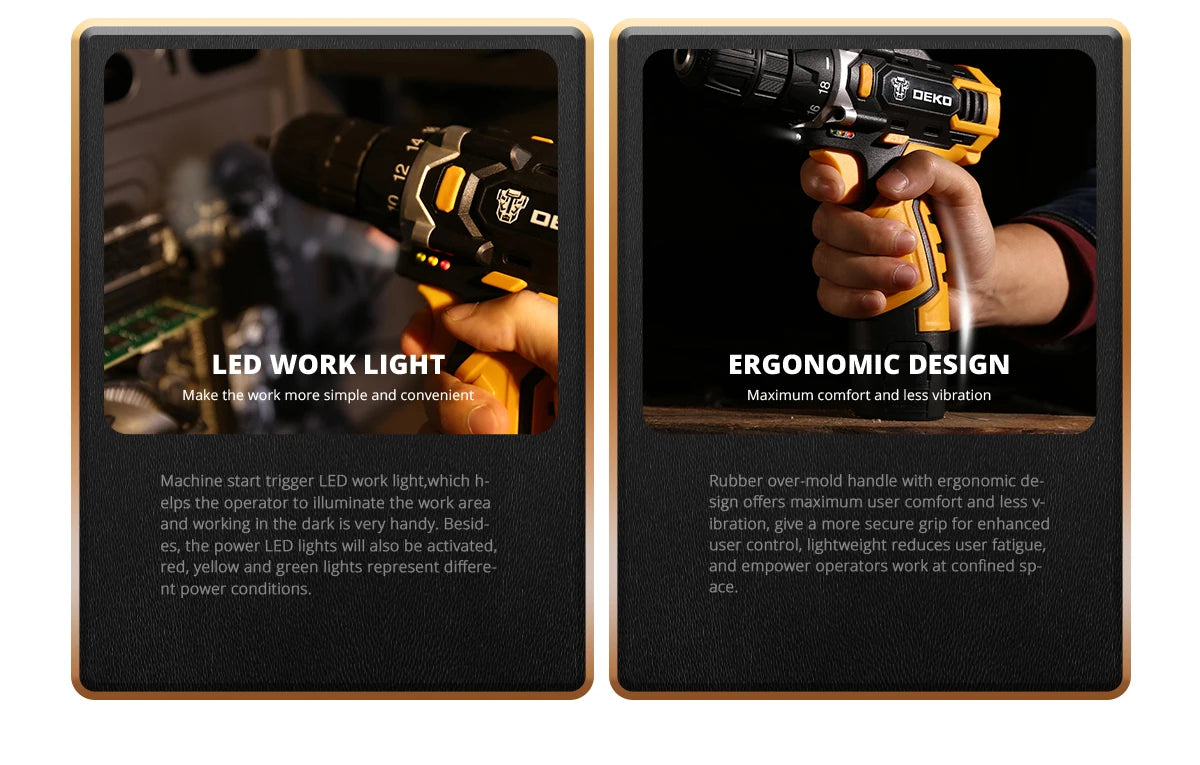 DEKO Akku-Bohrschrauber, 12 V, 16 V, 20 V, Mini-Wireless-Elektrowerkzeuge, DC-Lithium-Ionen-Akku, Elektroschrauber, Heim-DIY-Bohrmaschine