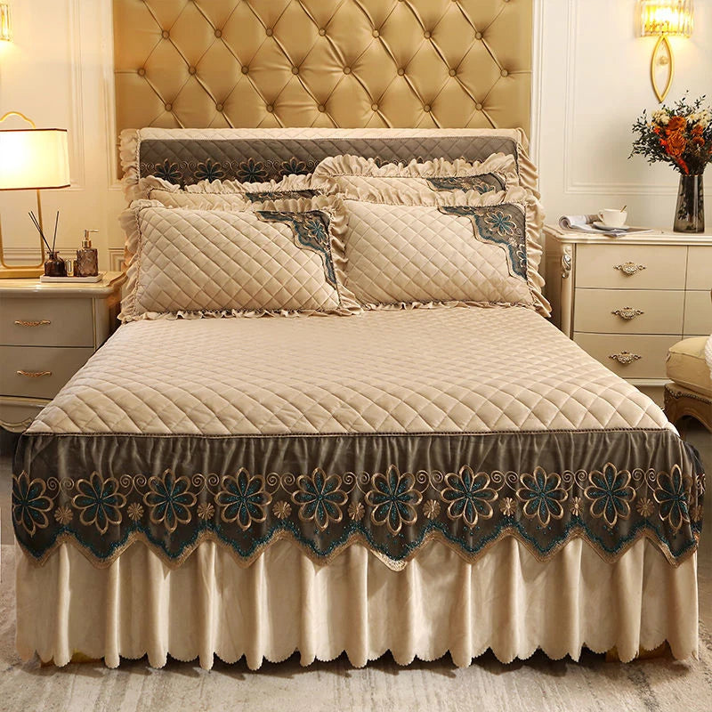 European Luxury Quilted Bed Skirt Winter Warm Thicken Velvet Bedspread King Good Hand Feeling Bed Skirt Not Included Pillowcase.