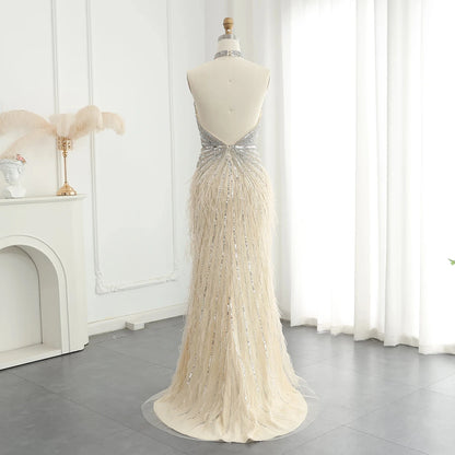 Luxury Beaded Feathers Mermaid Silver Gray Evening Dress Halter Backless Blue Beige Arabic Formal Party Gown SZ006