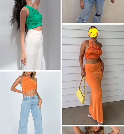 White Tank Top For Women Ruched One Shoulder Crop Top Female Elegant Summer Tops Holiday Beach Cami Top Y2K 2000s