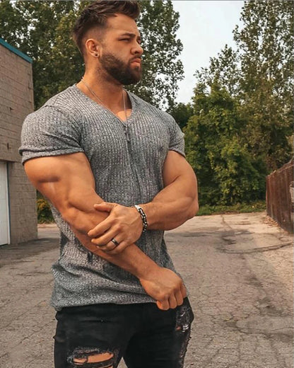 Men V Neck Short Sleeve T Shirt Fitness Slim Fit Sports Strips T-shirt Male Solid Fashion Tees Tops Summer Knitted Gym Clothing.