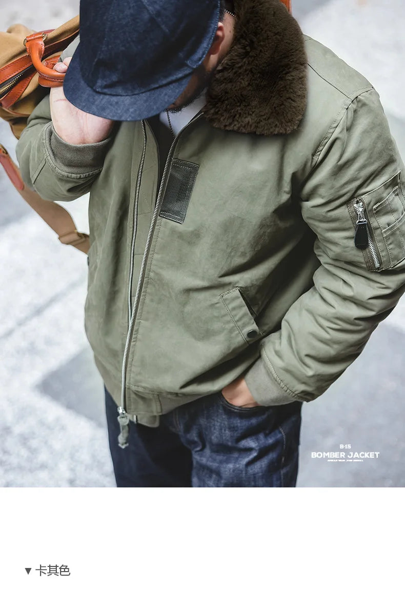 Maden Vintage B15 Bomber Jacket for Men Faux Rabbit Fur Lapel Signature Arm Pocket Winter Thickened Warm Windproof Coat Parkas.