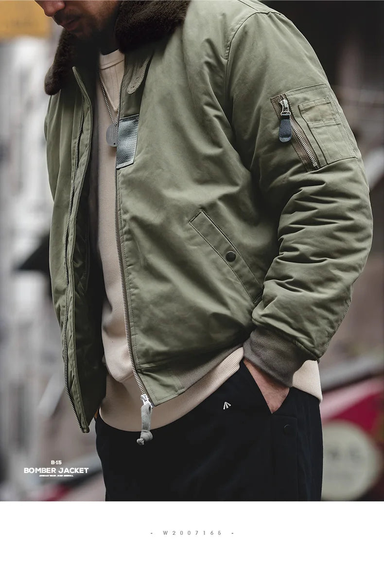 Maden Vintage B15 Bomber Jacket for Men Faux Rabbit Fur Lapel Signature Arm Pocket Winter Thickened Warm Windproof Coat Parkas.