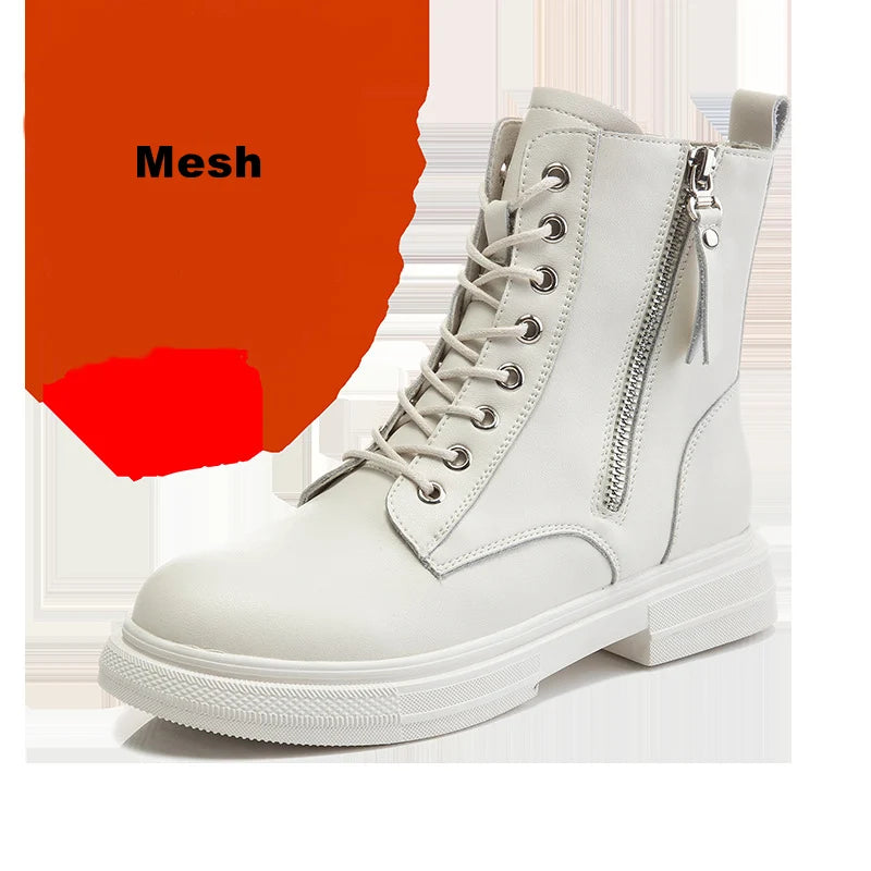 WOIZGIC Women's Ladies Genuine Leather Female Shoes Ankle Boots Platform Lace Up Warm Winter Autumn Fur Plush Motorcycle.