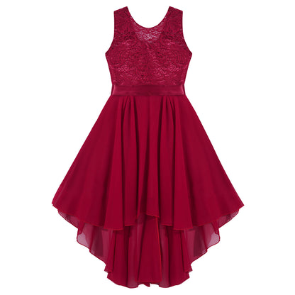 Blumenmädchen-Chiffonkleid mit floraler Spitze, Sommer, ärmellos, hoher, niedriger Saum, formelles Hochzeitskleid für Brautjungfer, Junior, Prinzessin