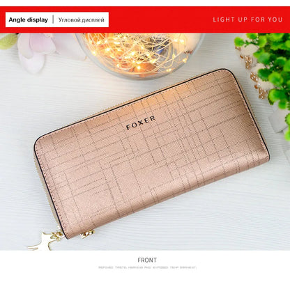 FOXER Women Split Leather Wallet Bifold Clutch Bag with Wristlet Fashion Card Holder Coin Purse Cellphone Bag Female Money Bag