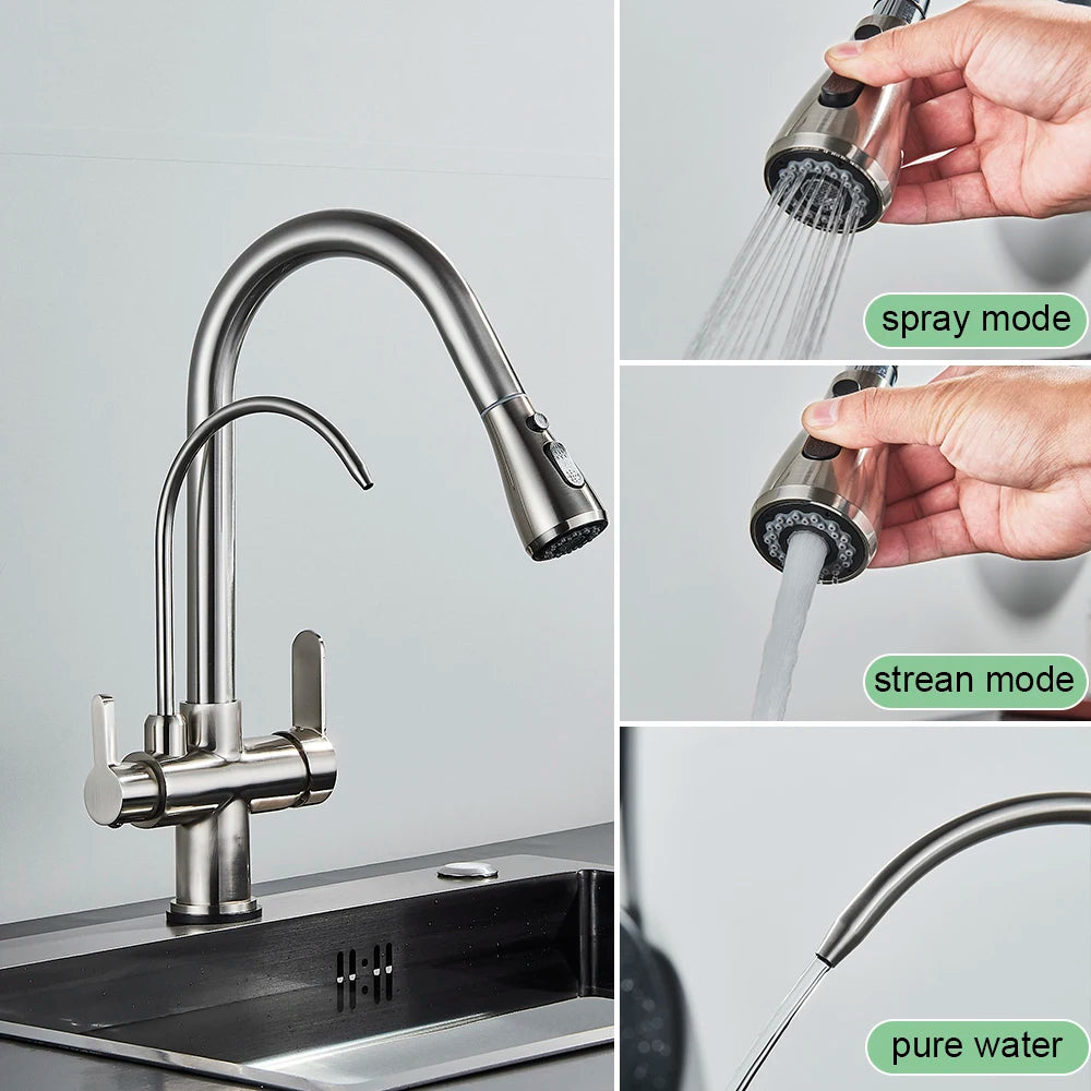 Antique Kitchen Sink Pure Faucet Pull Out Spout Hot Cold Mixer Taps Deck Mount Hot Cold Mixer Taps Purification Kitchen Crane