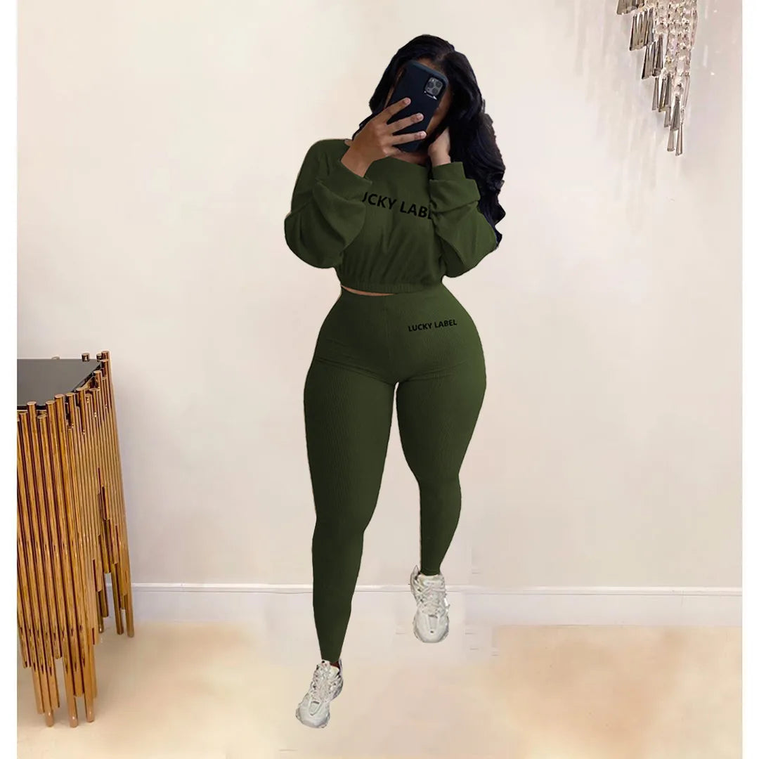 Letter Printed Embroidery Women Two Piece Ribbed Tracksuits Fall Spring Long Sleeve Sweatshirt and Skinny Pants Set.