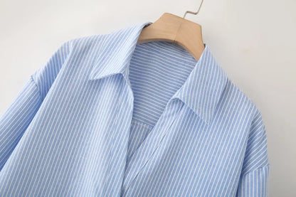 KAR&OT ZA Women's Clothing 2025 Summer New European and American Blue Striped Long-sleeved Lapel Short Shirt 2886909.