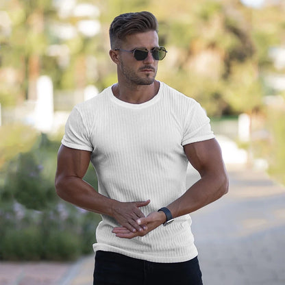 Men V Neck Short Sleeve T Shirt Fitness Slim Fit Sports Strips T-shirt Male Solid Fashion Tees Tops Summer Knitted Gym Clothing.