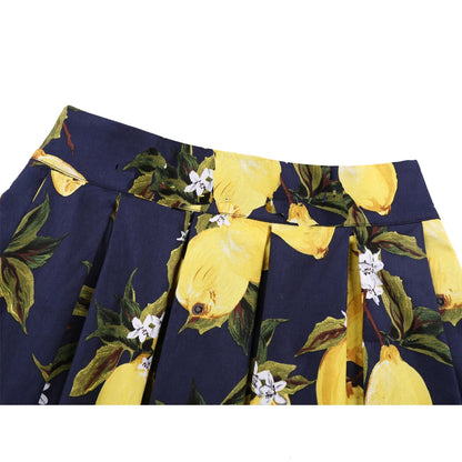 2025 Summer French High Waist Pleated Skirts Blue 50s Vintage Casual Dance Party Skirt Sexy Cute Midi Lemon Skater Women Clothes.
