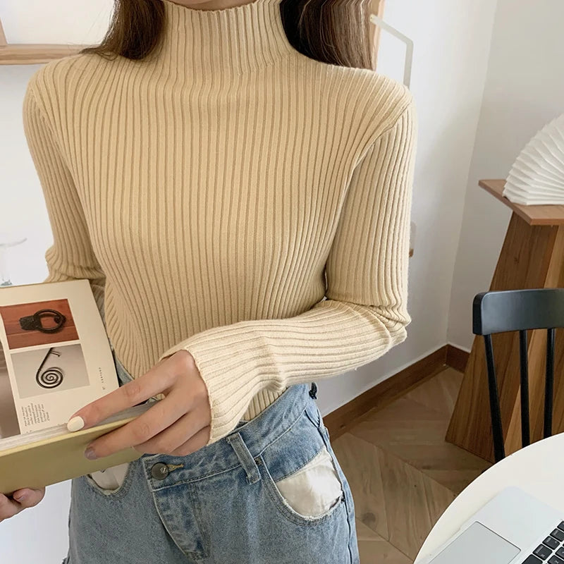 2025 Knit Jumpers Top Chic Autumn Winter Sweater Pullovers Women Long Sleeve Casual Turtleneck Warm Basic Sweater.