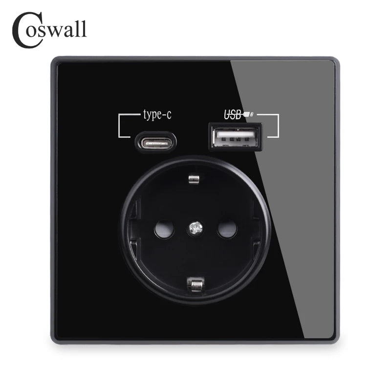 Coswall Typ-C-Schnittstellensteckdose, Vollspiegel, Kristallplatte, schwarze Wand, EU, Russland, Spanien, französische Standardsteckdose mit USB-Ladeanschluss.
