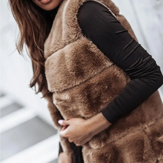 Herbst Winter Frauen Jacke Weste Einfarbig Rundhals Faux Pelzmantel Dicken Rundhals Oberbekleidung Plüsch Jacke für Frauen