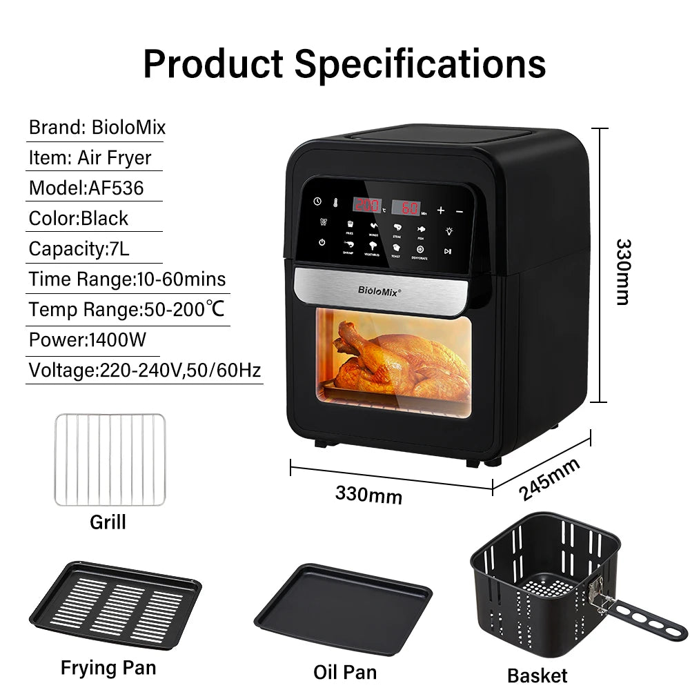 BioloMix Multifunctional 7L Air Fryer without oil electric oven, Dehydrator, Convection Oven, Touch Screen Presets Fry, Roast