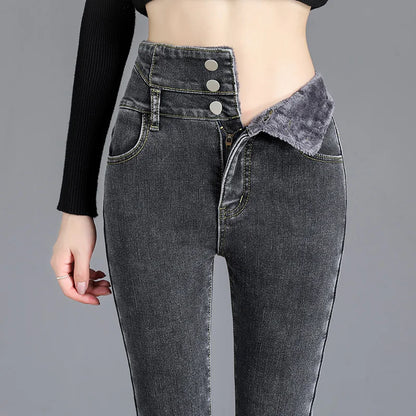 Thermische Winter Dicke Fleece High-taille Warme Dünne Jeans Dicke Frauen Stretch Taste Bleistift Hosen Mom Casual Samt Jeans