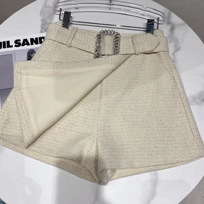 2022 Spring Autumn New shiny sequins Plaid Shorts with Belt for Lady Rhinestone Bright Silk Tweed Folding Short Boots Women.