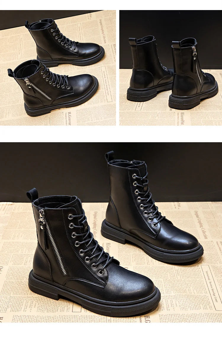 WOIZGIC Women's Ladies Genuine Leather Female Shoes Ankle Boots Platform Lace Up Warm Winter Autumn Fur Plush Motorcycle.