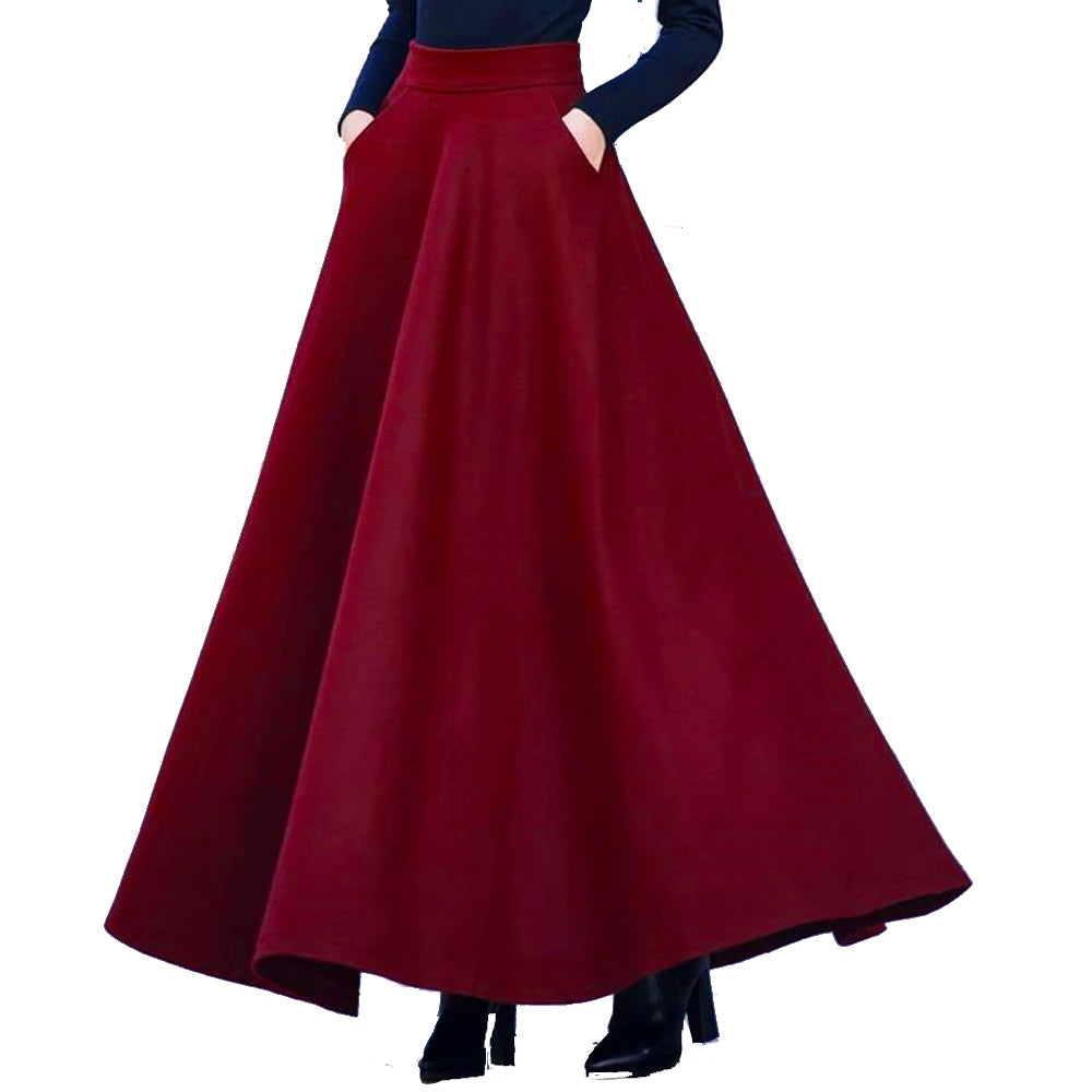 FairyShely 2025 Autumn Winter Retro High Waist Pleated Skirt Women Casual Pocket Woolen Maxi Skirt female Flare Red Long skirt.