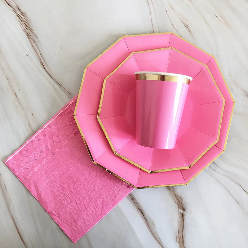 40pcs/set Yellow Green Pink Blue Paper Plates Cups Disposable Tableware Set for Wedding Birthday Party Baby Shower Supplies