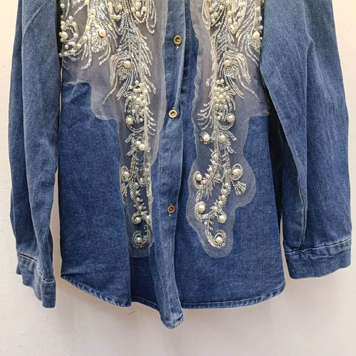 CS0582 New 2025 European Spring Fashion Lace Beading Patch Vintage Jeans Blouse Long Sleeve Denim Women's Shirt Tops Wholesale.