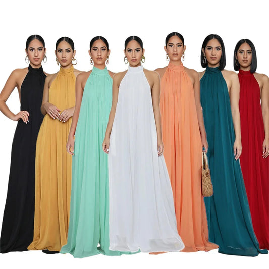 Women Fashion New Loose Sleeveless Solid Color Halter Sexy Backless Wide Leg Long Pants Lady Siamese Trousers Casual Jumpsuit