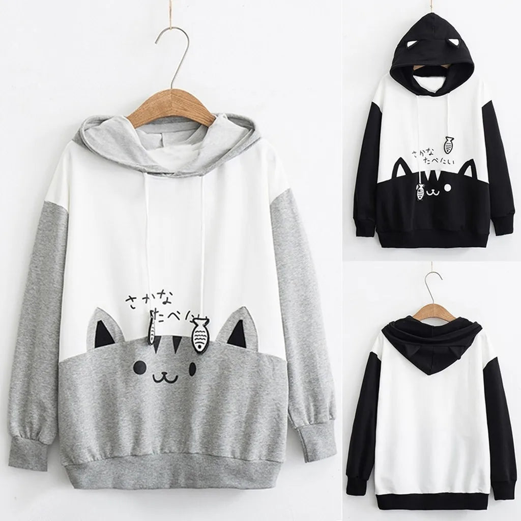 Spring Ladies Long Sleeve Cat Sweatshirt Womens Casual Kitty Cat Print Pocket Thin Hoodie Blouse Top Shirt худи женское платье.