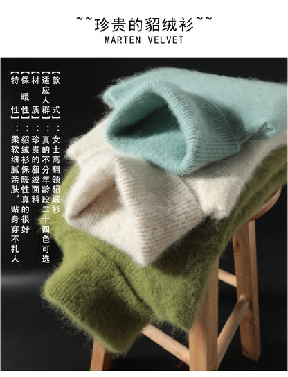 Herbst Winter 100% Nerz Kaschmir Pullover Frauen Strickwaren Pullover Dicke Warme Einfarbig Plus Größe Basis Hohe Revers Kleidung Tops.